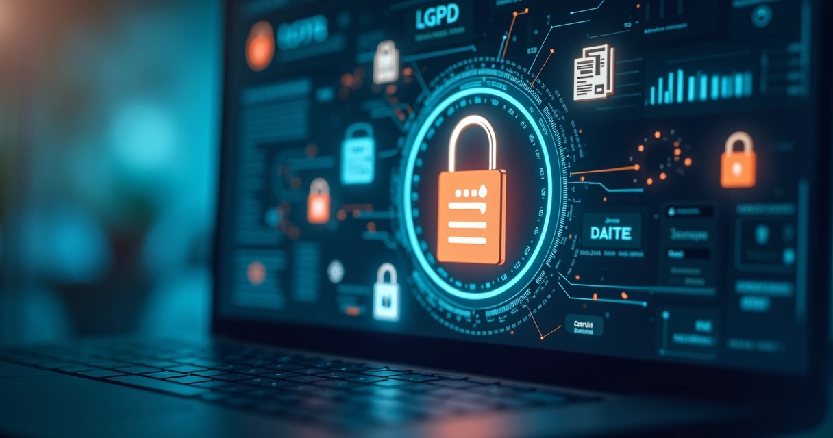 Símbolos de cadeados, documentos e balança em dashboard digital 