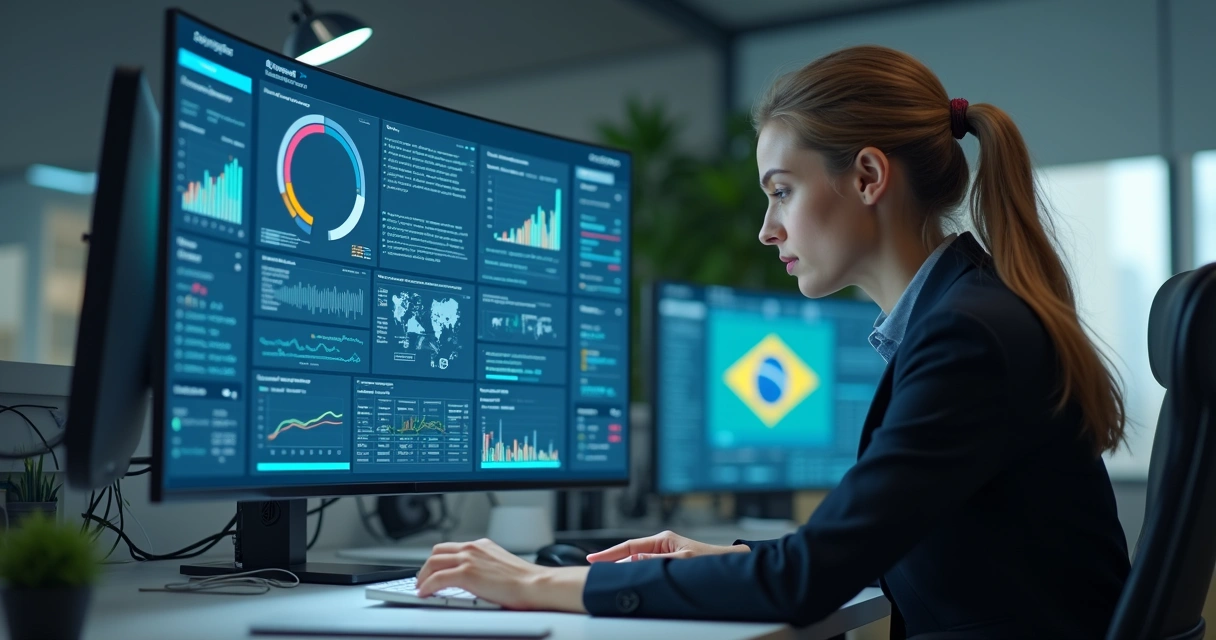 Empresária analisando painel de compliance e LGPD 