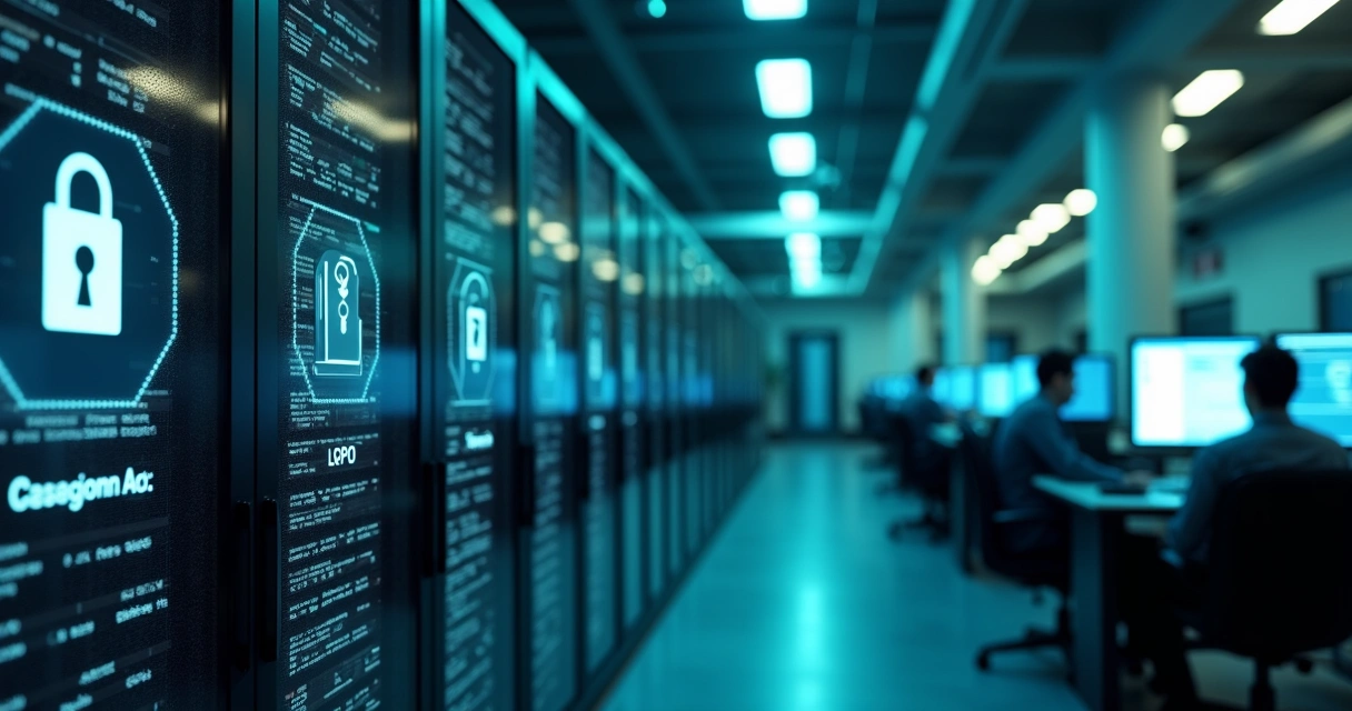 Símbolos de LGPD protegendo banco de dados digital 