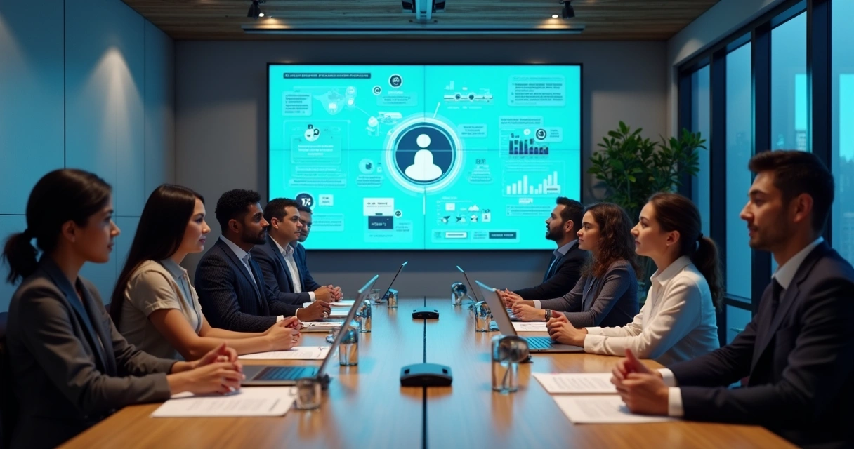 Equipe revisando políticas de compliance em sala de reunião 