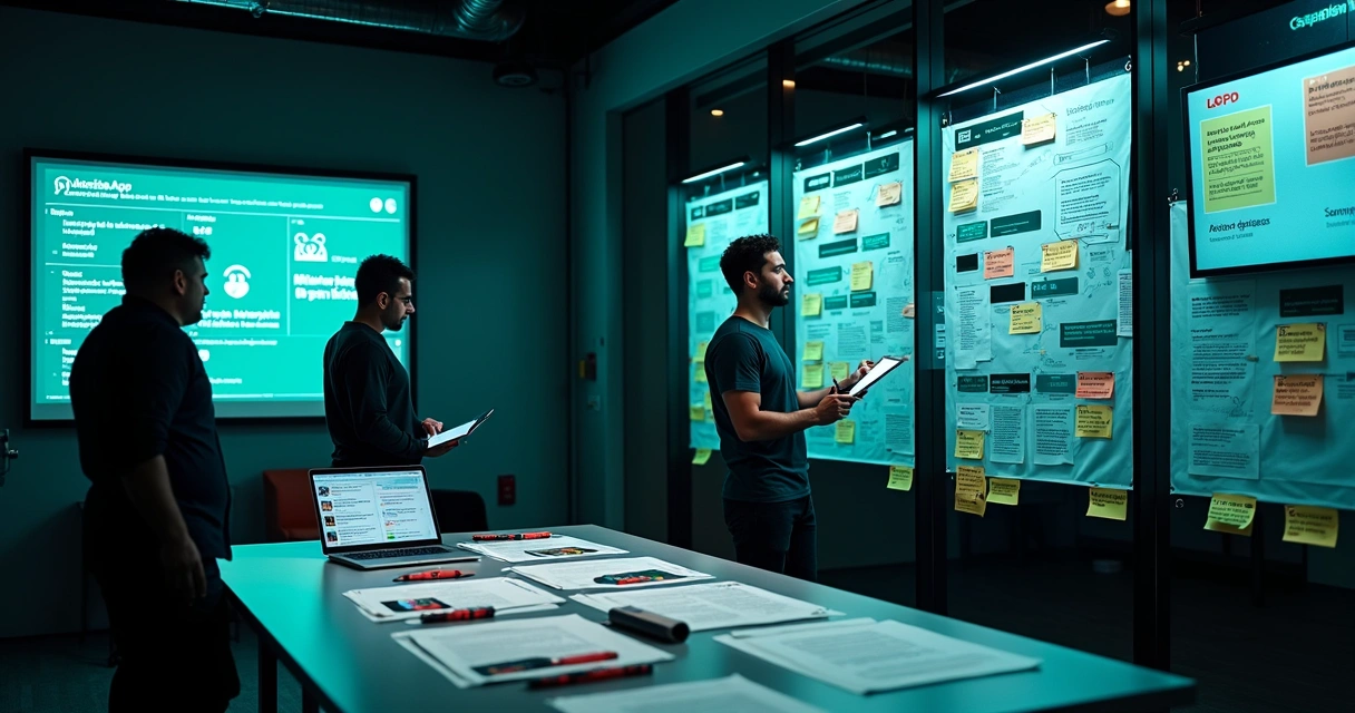 Sala de compliance analisando mural cheio de impressões de conversas de WhatsApp em destaque 