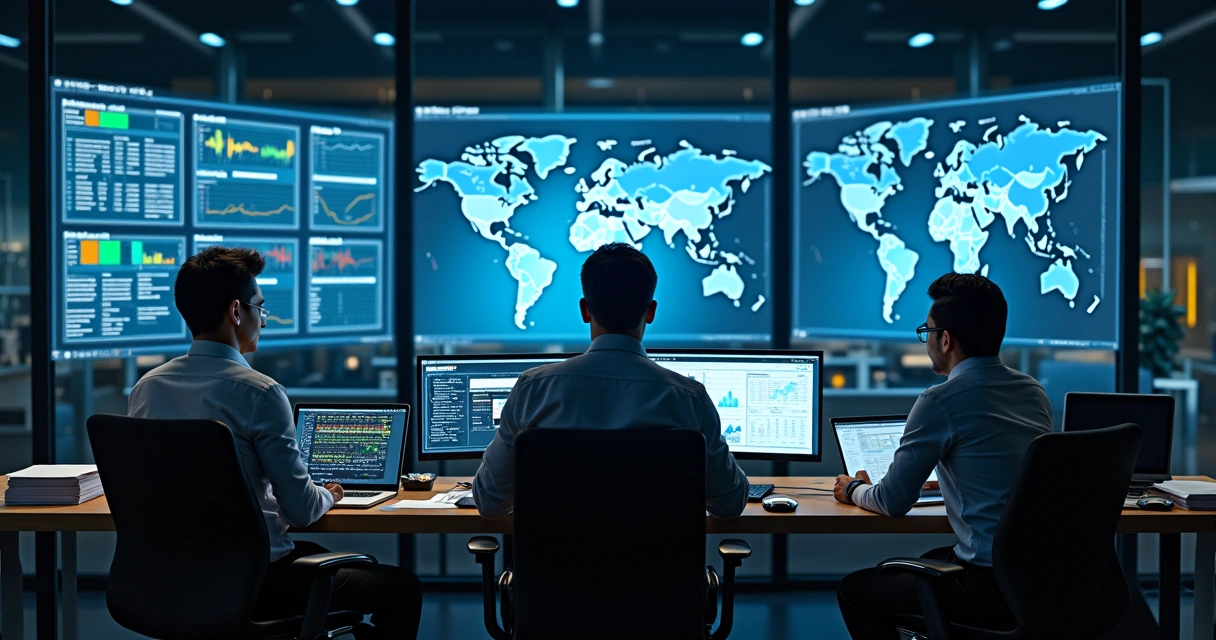 Compliance team in modern monitoring room with screens and graphs 