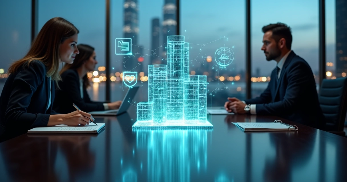Advogada observa modelo de empresa transparente cercado por símbolos digitais de compliance internacional 