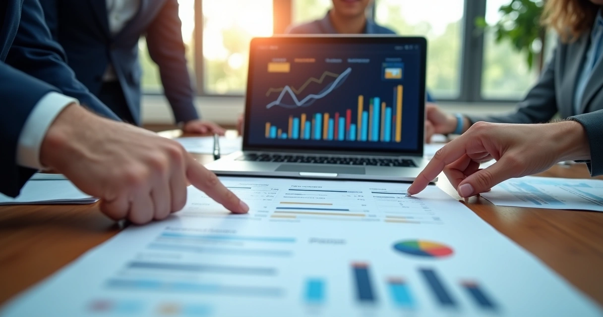 Mesa de reunião corporativa com documentos e laptop mostrando gráficos financeiros e ícones digitais de pagamentos instantâneos e segurança 