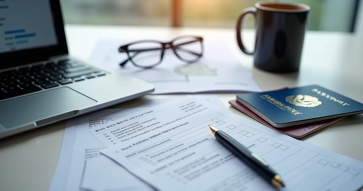 Desk with legal documents, a passport, and a laptop showing compliance checklist 