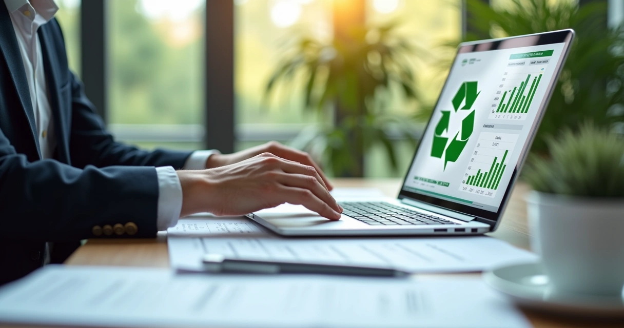Profissional analisando documentos de compliance em escritório moderno com elementos de reciclagem e gráficos de desempenho ESG na tela do computador 