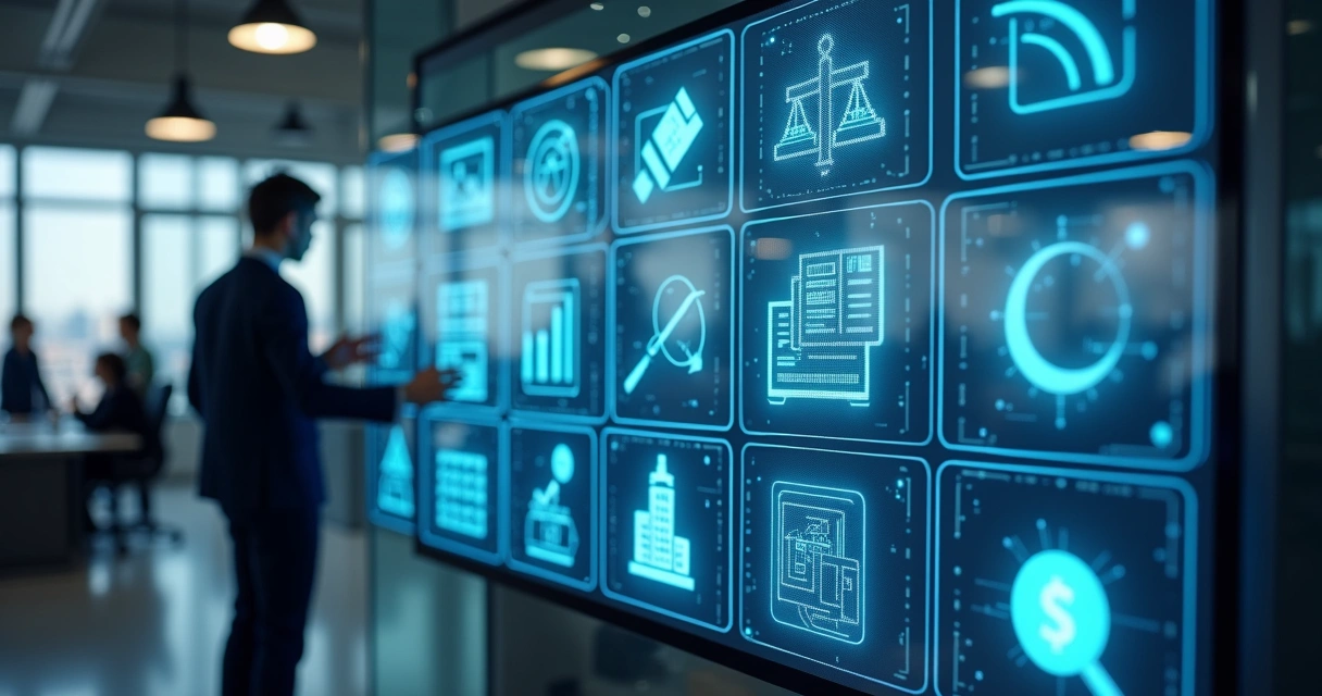 Totem digital com checklist de compliance em fundo de escritório moderno 