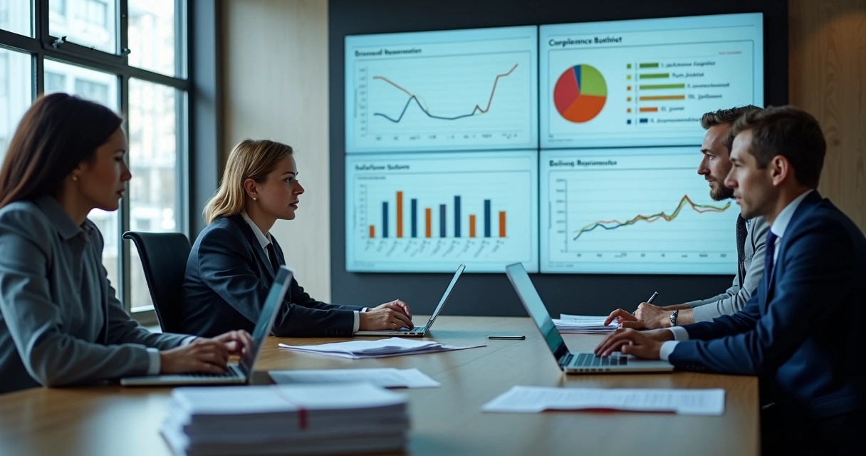 Equipe de compliance analisando documentos e dados em computadores 