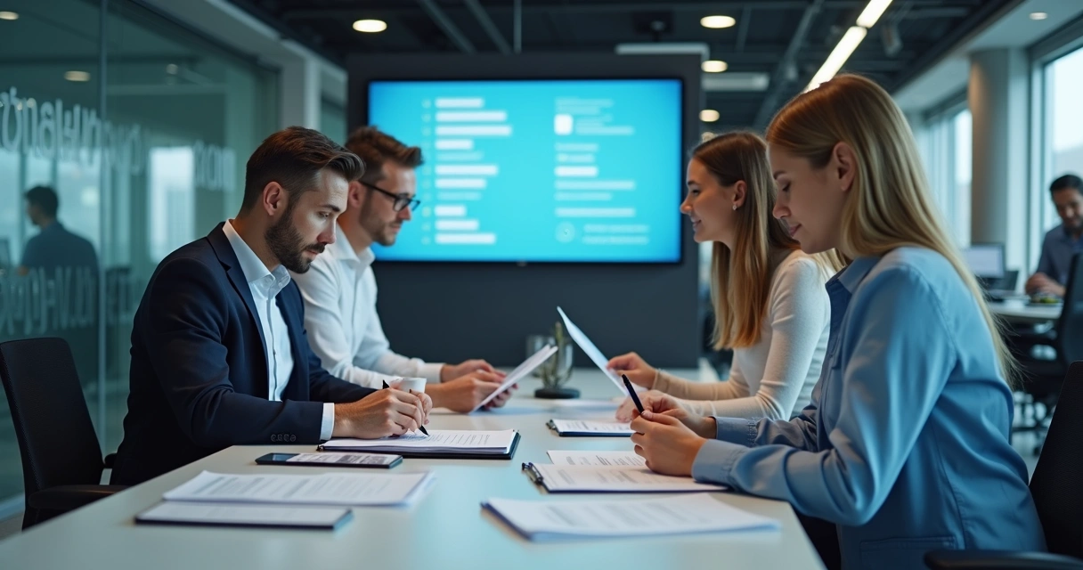 Equipe implementando compliance financeiro em escritório moderno 