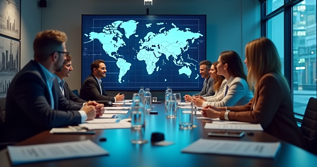 Equipe reunida em videoconferência analisando gráficos financeiros internacionais 