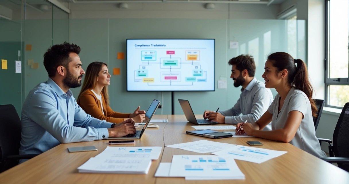 Equipe de pequena empresa em reunião analisando documentos de compliance trabalhista 