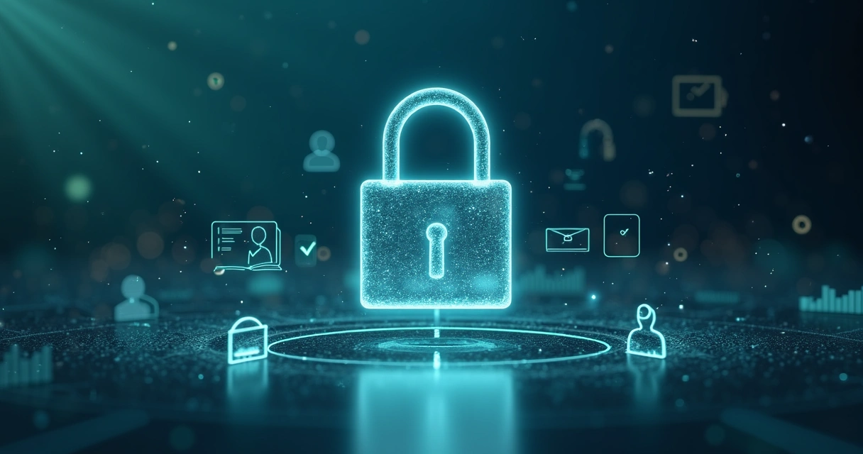 Cadeado digital com símbolos de treinamento corporativo em segundo plano 