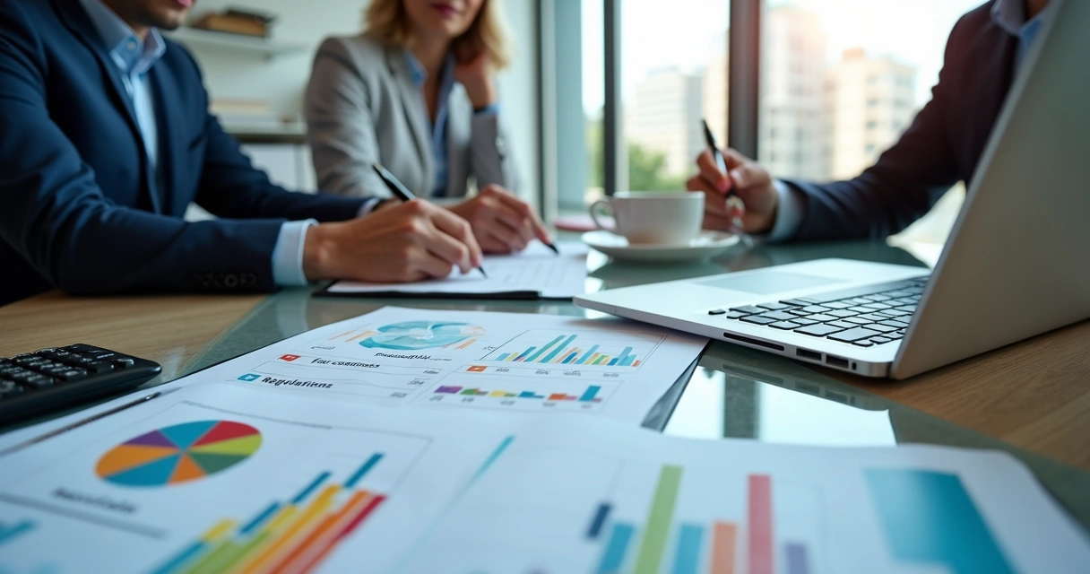 Empresários analisando documentos fiscais e gráficos em reunião de compliance tributário 