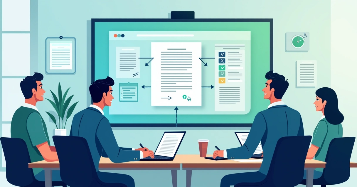 Team reviewing digital compliance workflow contract on screen