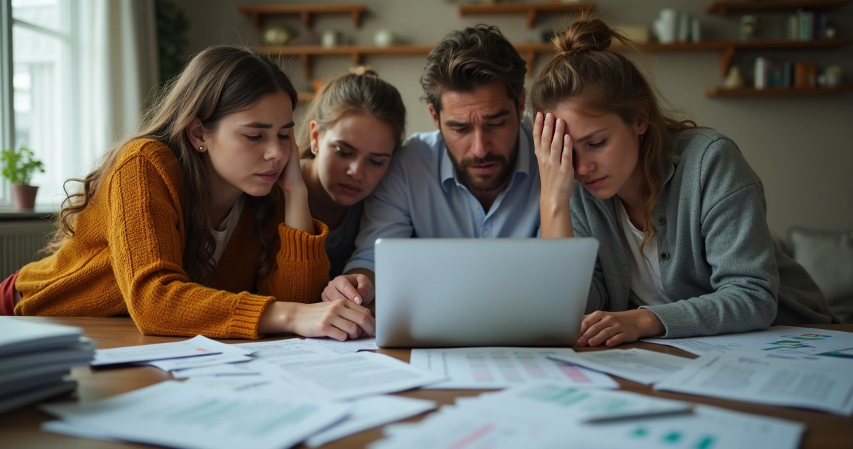 Família preocupada discutindo documentos em sala de estar 