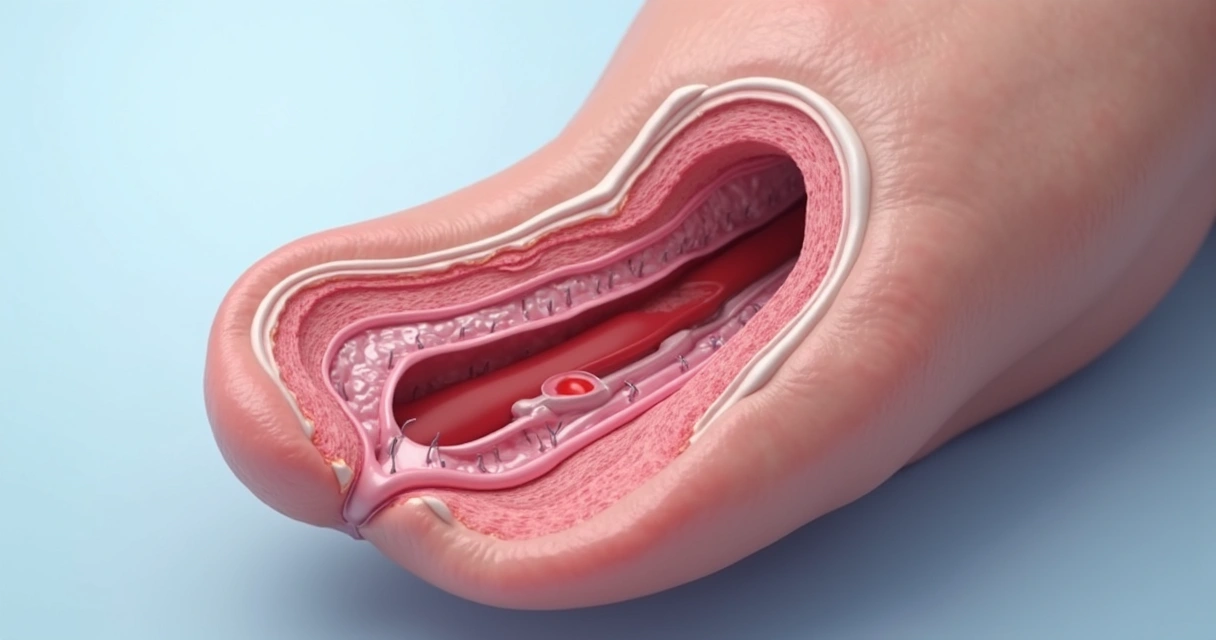 Representação ilustrativa de complicações no preenchimento peniano com destaque para vasos sanguíneos e formação de nódulo 