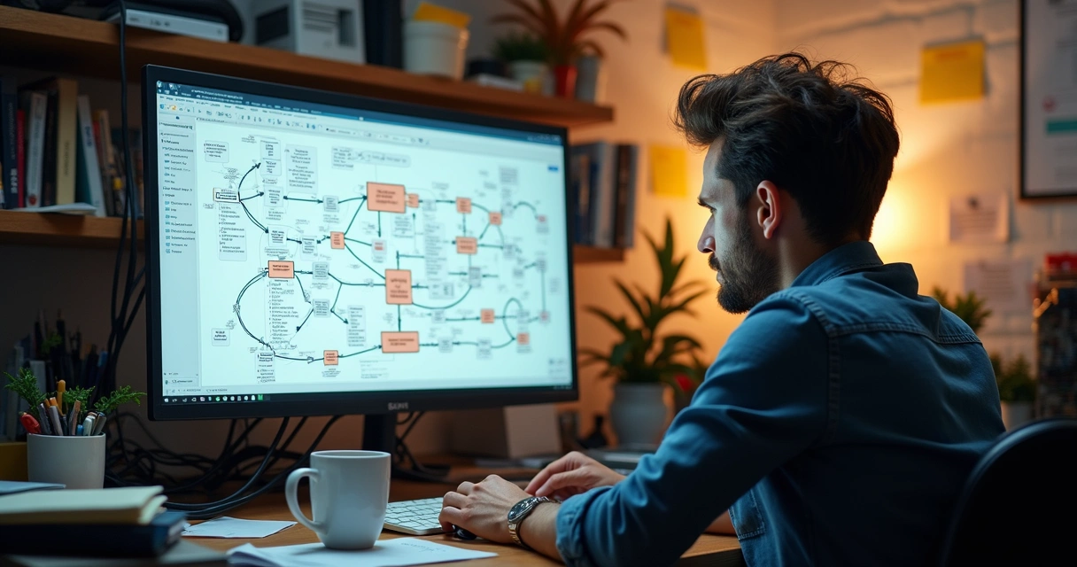 Confused person looking at a complex screen with automation workflows