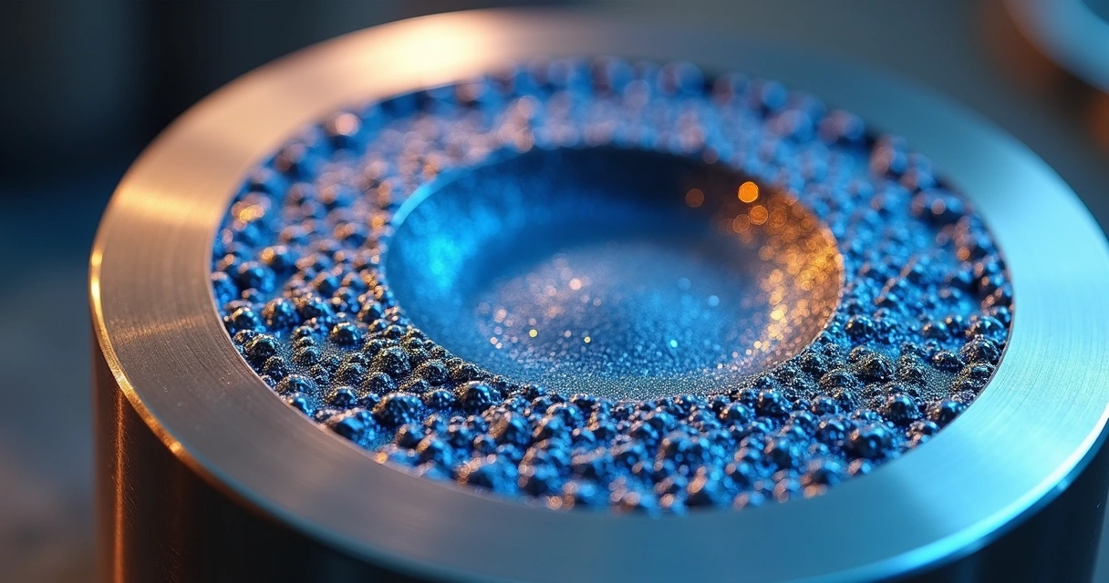 Detalhe de microestrutura metálica tratada com shot peening vista em microscópio