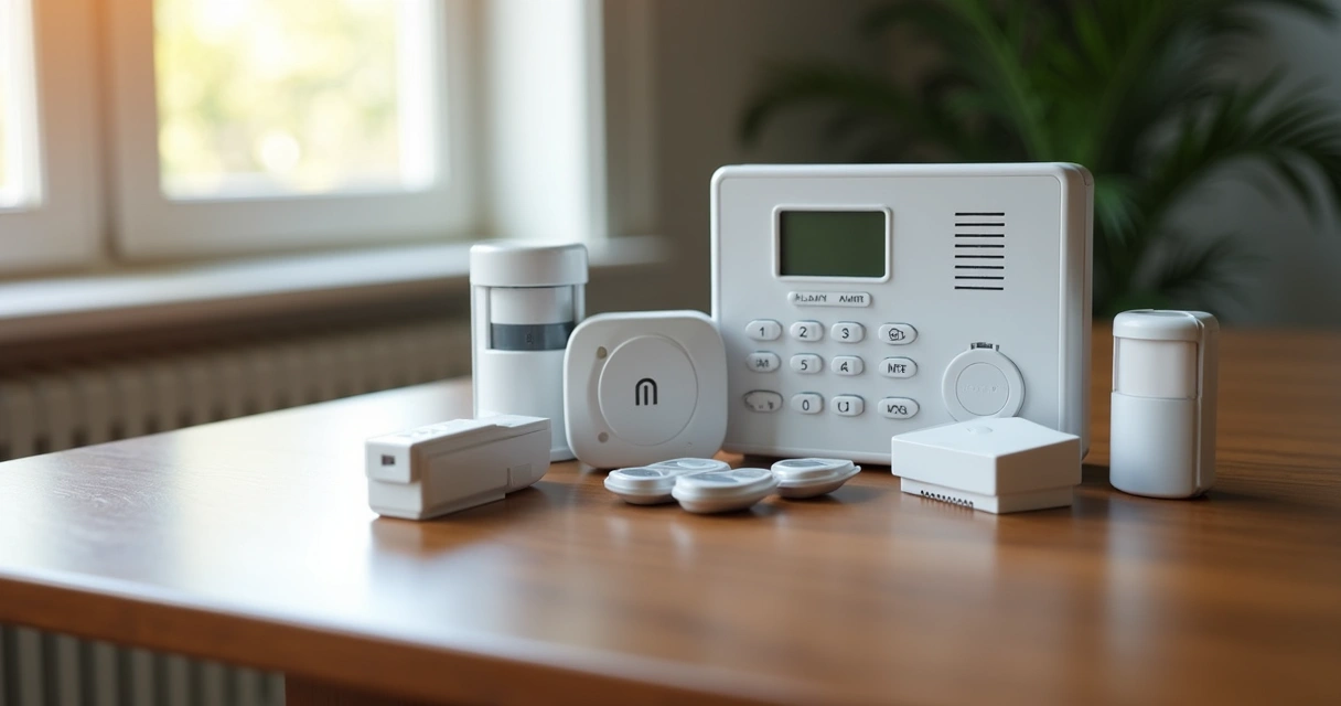 Principais peças de um kit de alarme residencial organizadas em uma mesa