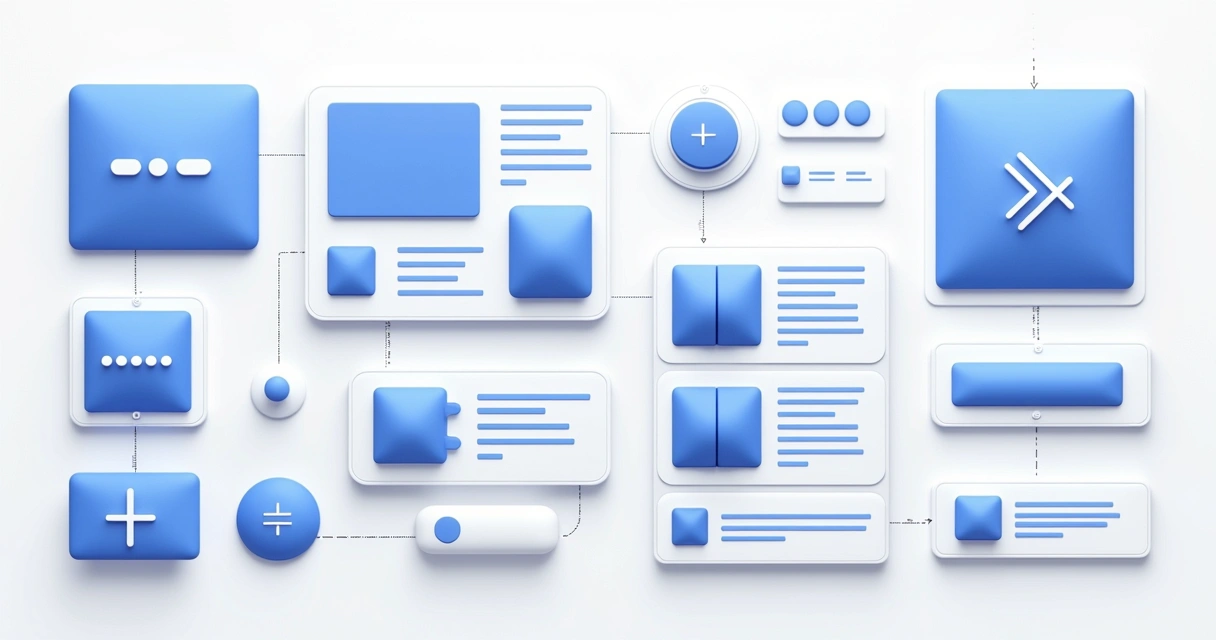 Diversos componentes de um design system em layout organizado 