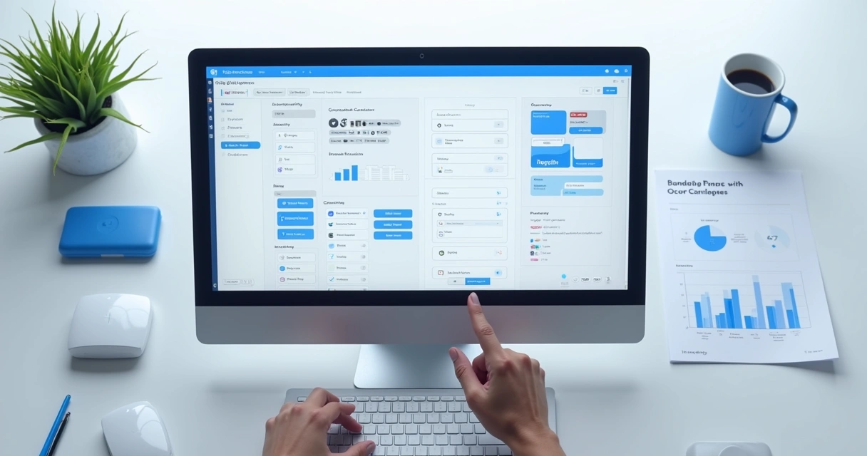 Componentes de design system organizados em tela de computador 