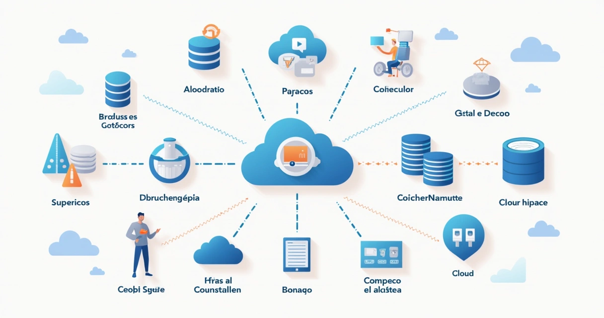 Ícones e símbolos de componentes cloud organizados como num diagrama 