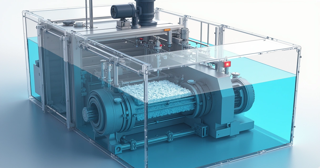 Detalhe dos componentes mecânicos e elétricos de um equipamento automático de flotação