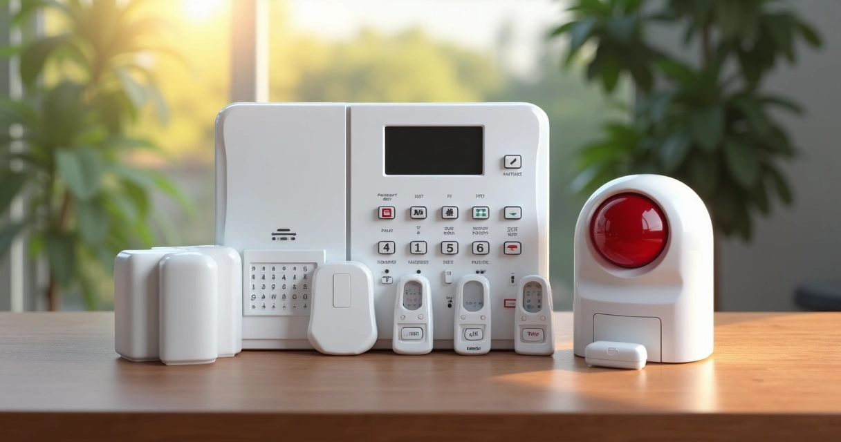 Kit de alarme completo com sensores, central e sirene sobre uma mesa 