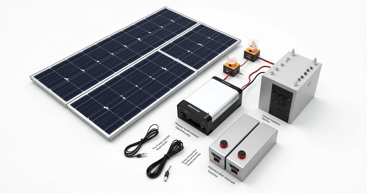 Kit energia solar com painéis, inversor, estrutura e baterias em fundo branco