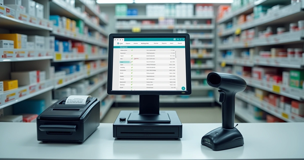 Equipamentos essenciais de um PDV de farmácia em cima do balcão 