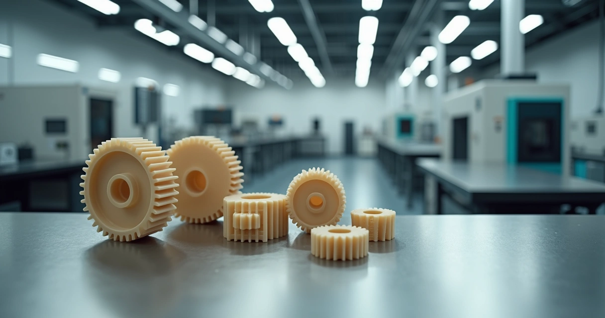 Componentes industriais em PEEK sobre bancada metálica em fábrica moderna 
