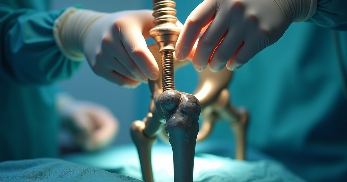 Peças da prótese de quadril sendo implantadas durante cirurgia 