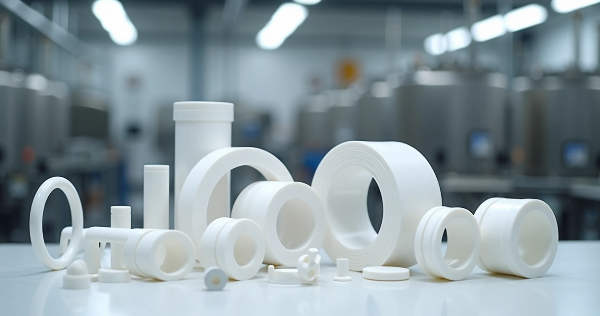 Componentes industriais de PTFE em bancada 
