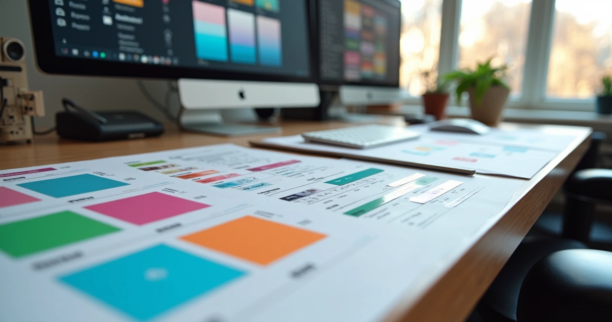 Componentes de interface digital organizados em tabelas coloridas 