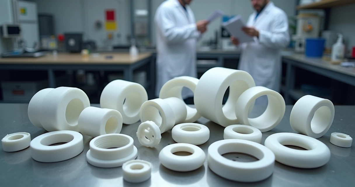 Peças técnicas em PTFE exibidas sobre bancada metálica 