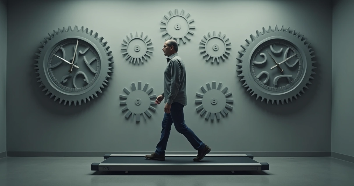 Pessoa caminhando em uma esteira cercada por engrenagens, expressão neutra 