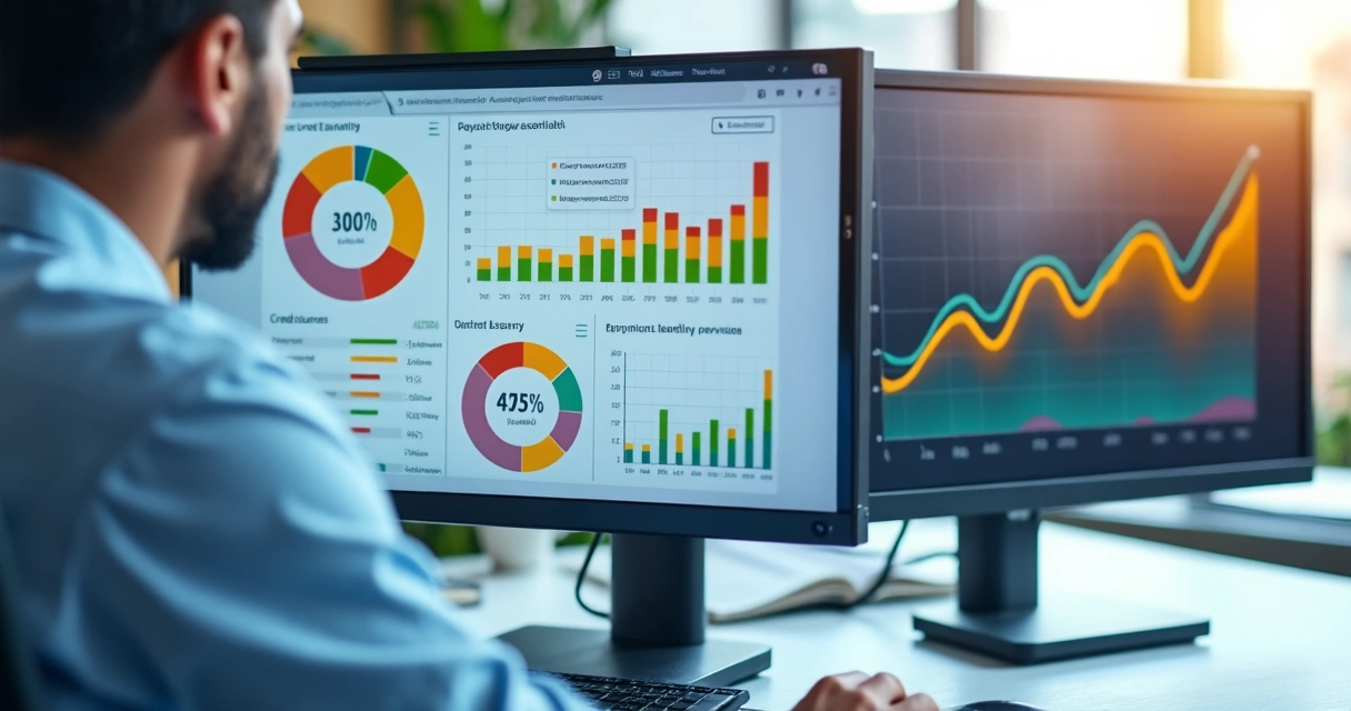 Profissional analisa gráficos de desempenho em tela de computador 