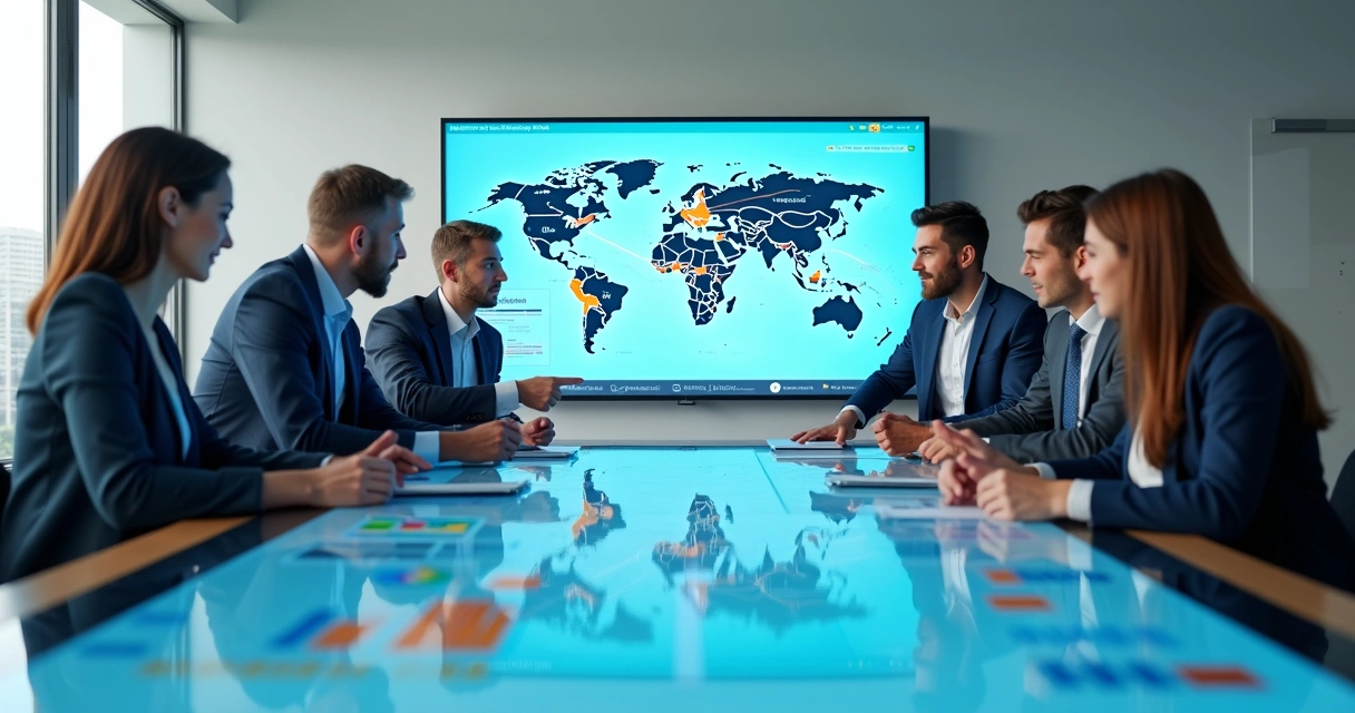 Equipe de turismo analisa dados de viagens em painel digital futurista 