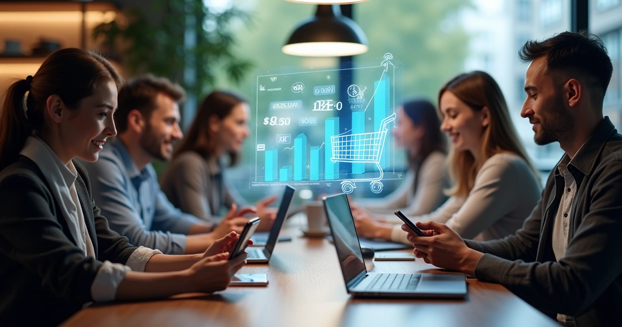Pessoas usando celulares e laptops em uma cafeteria 