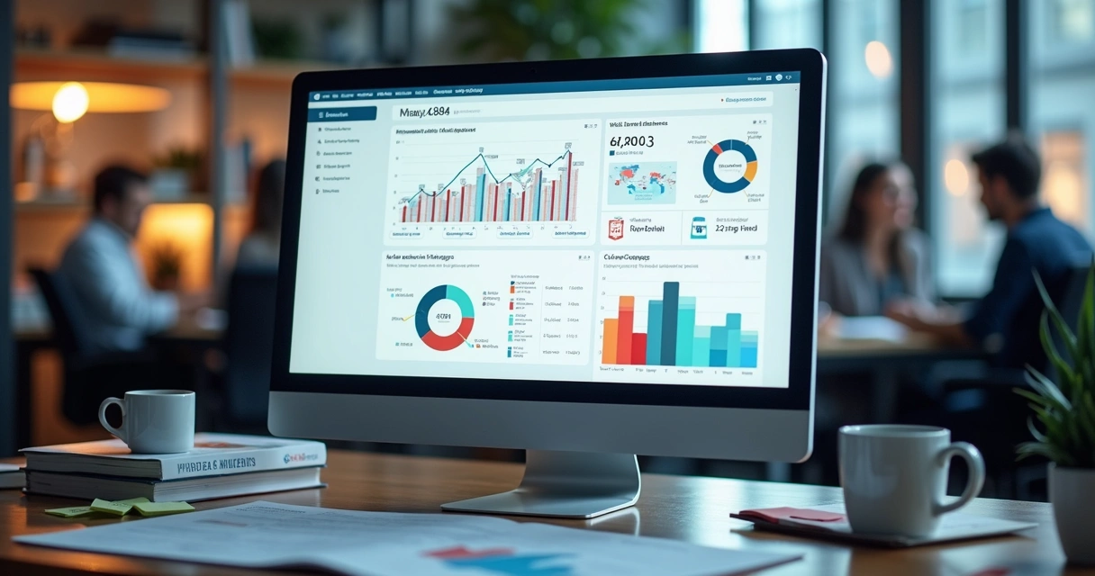 Monitor de computador com gráficos de comportamento de navegação de leads, fundo de escritório moderno 