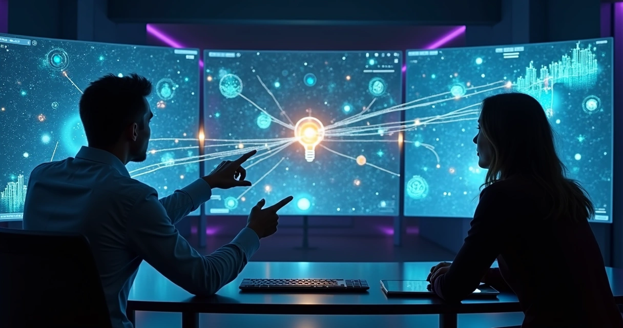 Painel digital com silhuetas de empresas ligadas por rastros de comportamento online 