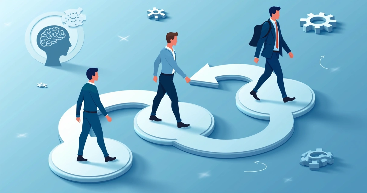 Ilustração corporativa plana mostrando três figuras humanas caminhando em círculos sobre setas curvas indicando ciclos de comportamento repetitivo, com fundo minimalista azul e elementos sutis de engrenagens e cérebro estilizado 