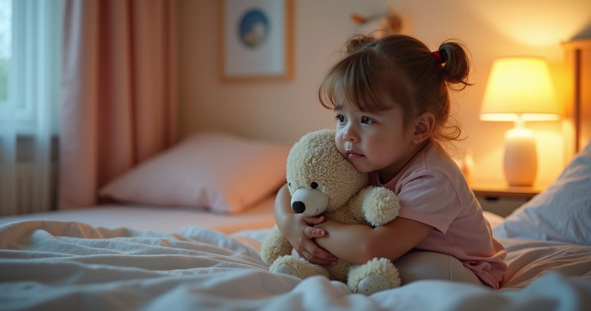 Criança abraçando um ursinho de pelúcia em um quarto com luz suave. 