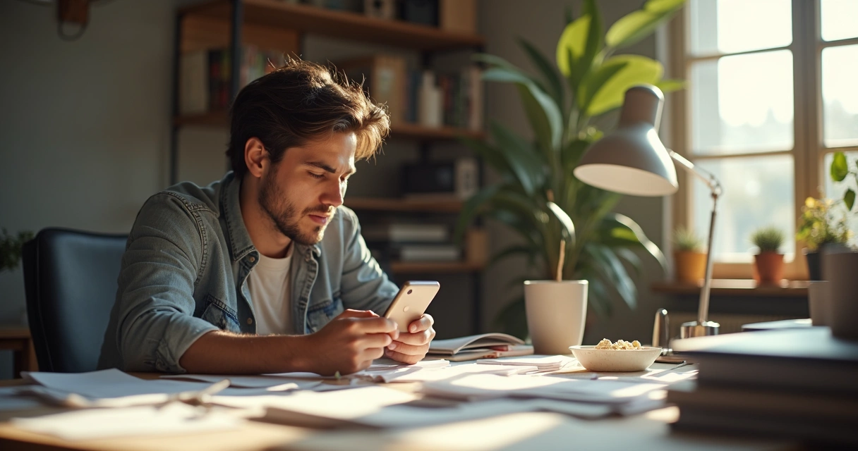 Pessoa em uma sala de trabalho com objetos desarrumados, expressão levemente preocupada, rodeada de papéis e celular na mão 
