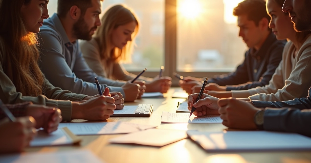 Grupo colaborando en una mesa, compartiendo ideas y tomando notas