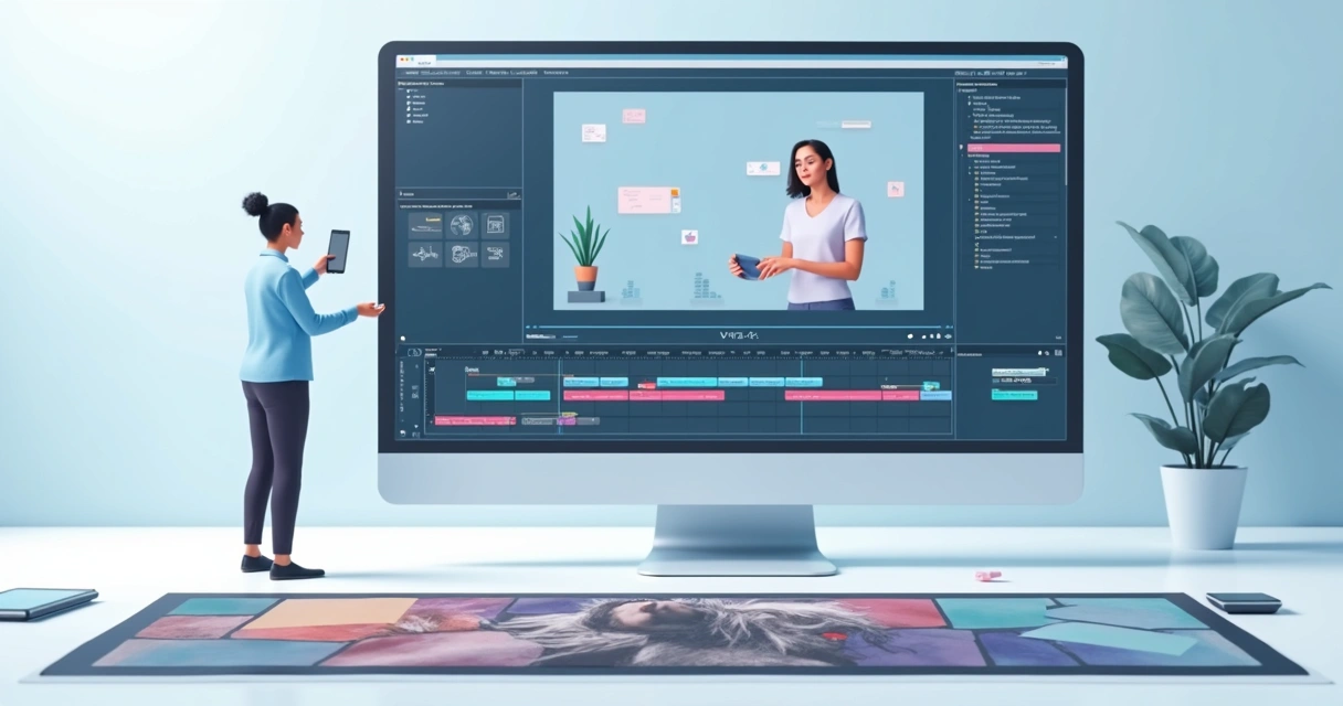 Interface digital com componentes de vídeo sendo organizados em blocos e animações sendo ajustadas 