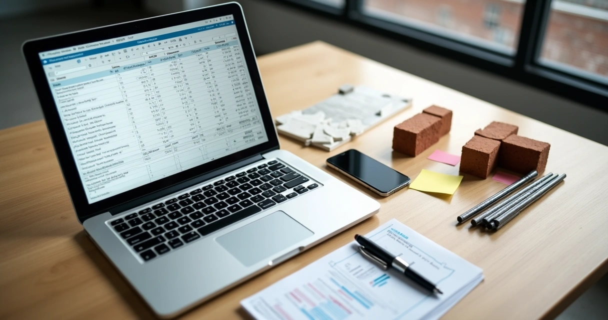 Planilha de composição de custos em notebook ao lado de material de construção 