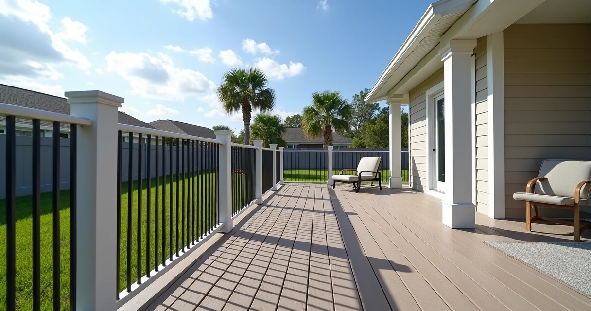 Composite deck in Orlando with one side aluminum railing and one side PVC railing 