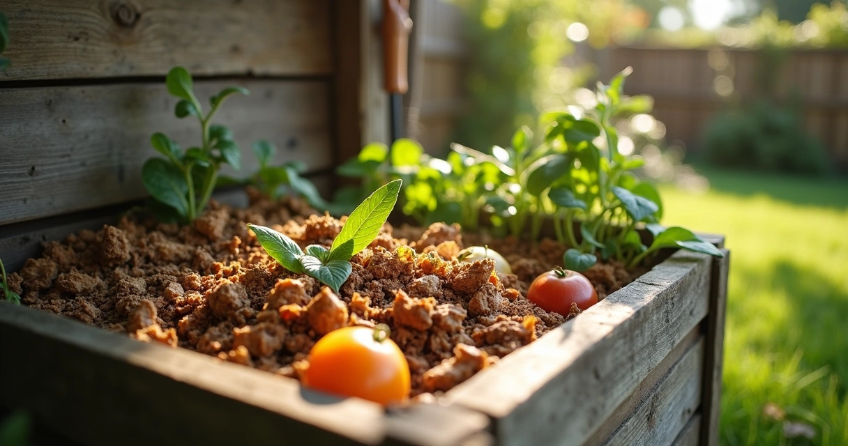 Compostagem doméstica com resíduos de cozinha e folhas