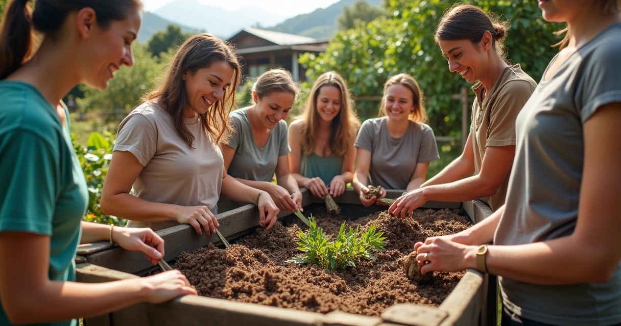 Grupo reunido utilizando composteira comunitária